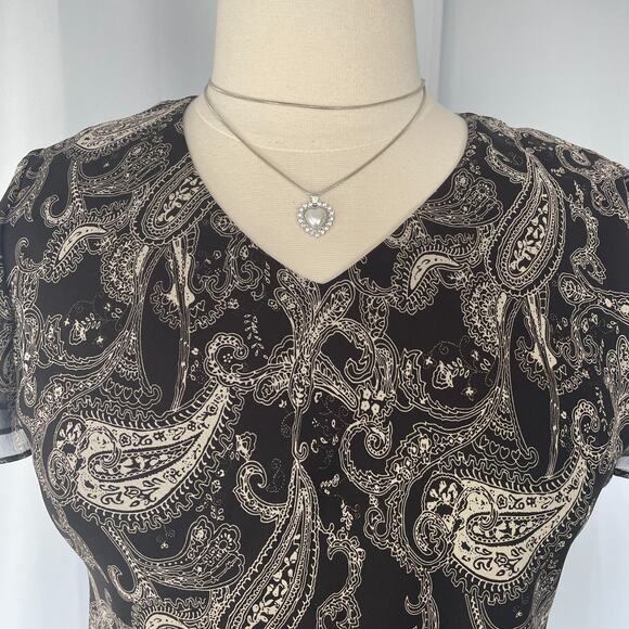 Skirt Set Size 14 Black Beige Paisley Flutter Short Sleeve A Line Y2K 2 Piece - Picture 4 of 16